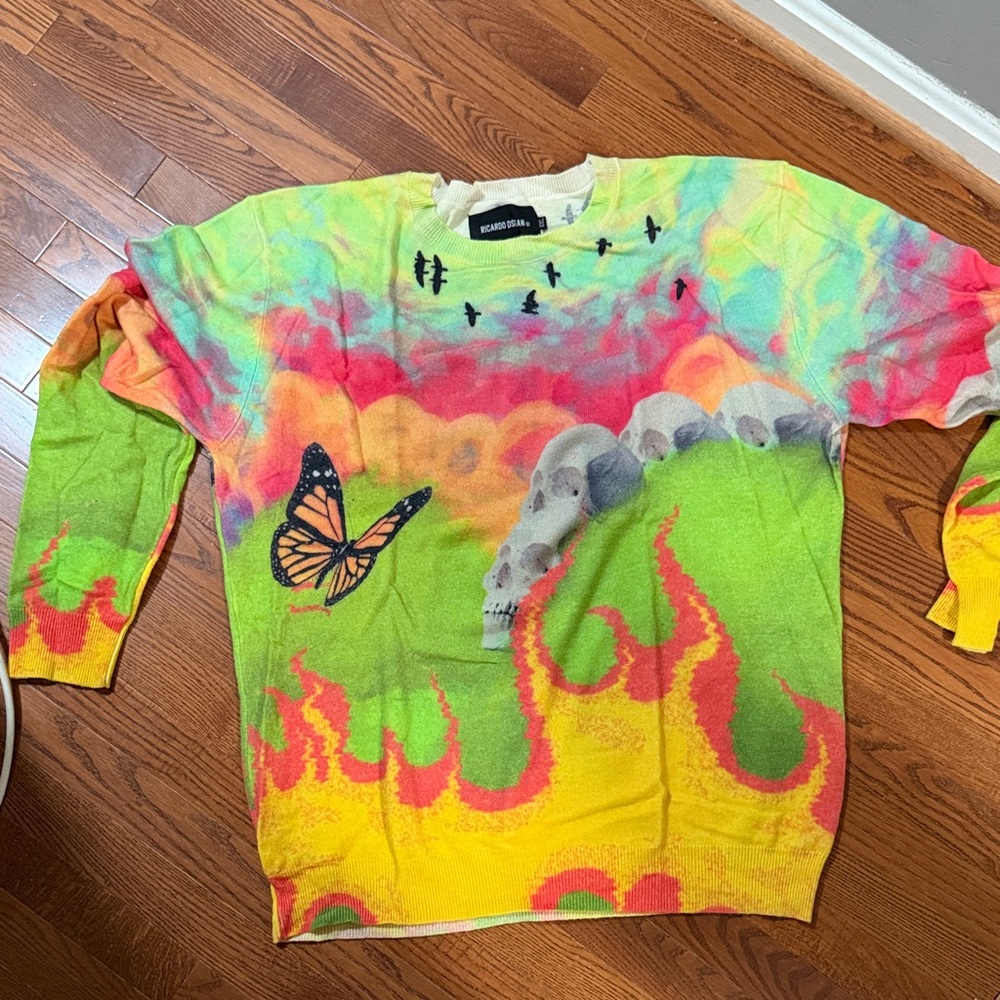 Ricardo DeSean Graphic Sweater with Butterfly and Skull Design